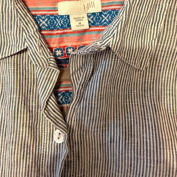 EUC J JILL 100% Cotton & Linen Floral And Blue Striped Short Sleeve Blouse - Picture 4 of 5